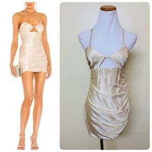 The Sei Cut Out Ruched Mini Dress Size 2 Bone Silk Satin Sheen